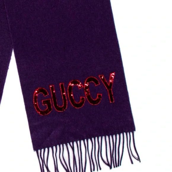 Gucci Purple and Red Scarf with Fringe and Embroidery